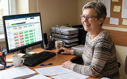 Intendentka stołówki przy biurku z otwartym panelem e-Stołówki na monitorze, obok segregatory i papierowe deklaracje