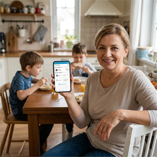 Mama pokazuje aplikację e-Stołówka na telefonie, w tle dzieci jedzą śniadanie przy kuchennym stole